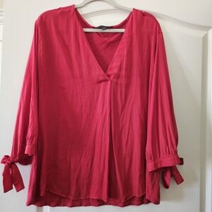 White House Black Market Red V-Neck Tie-Cuff Blouse